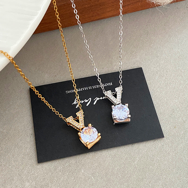 Minimalist Luxury Micro-Set Cubic Zirconia Letter Titanium Steel Necklace