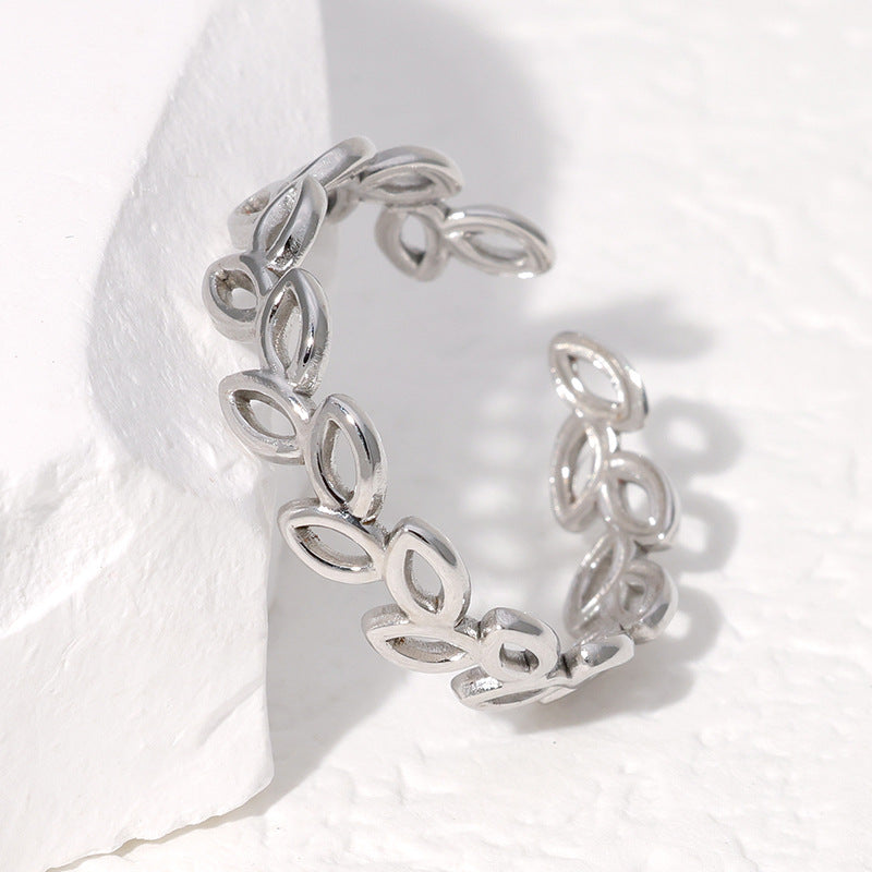 Minimalist Leaf-Shaped Titanium Steel Ring for Women with Plated Finish and Adjustable Open Band