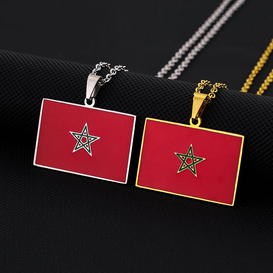 Vintage Moroccan Enamel Geometric Pendant Necklace for Women and Men in Stainless Steel with O-Chain