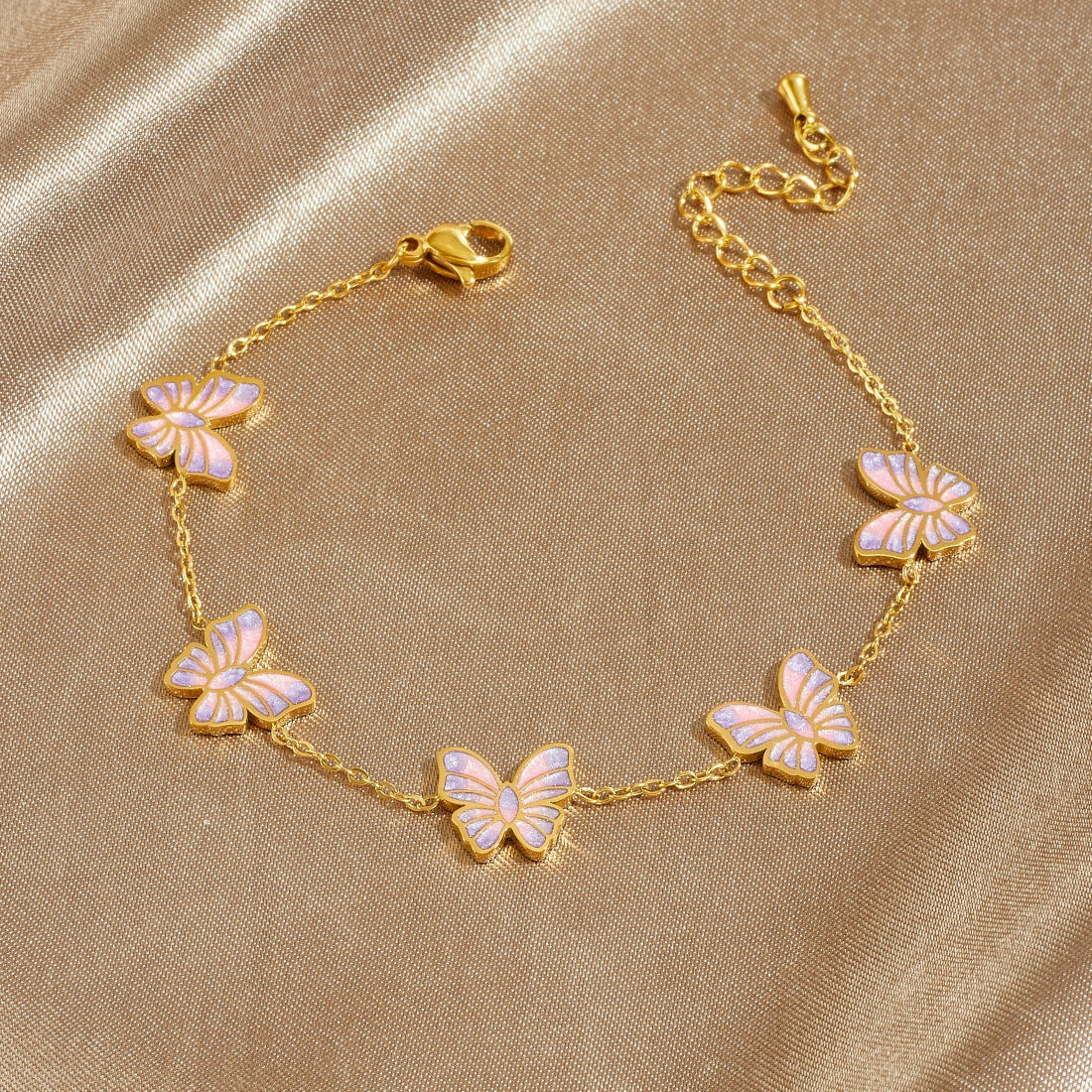 Pink Purple Gradient Drip Oil Gold Plated Butterfly Stainless Steel Bracelet