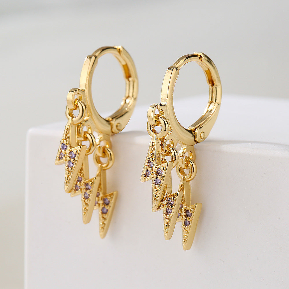 Minimalist Geometric Lightning-Shaped Earrings for Women Made of Brass with 18K Gold Plating and Zircon Inlay