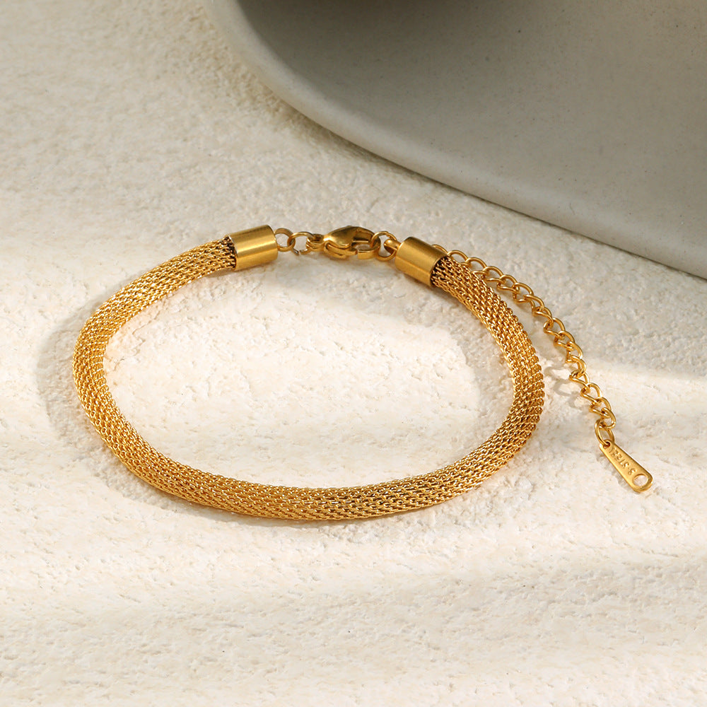 Minimalist Geometric Stainless Steel Vacuum Plated 18K Gold Tone Round Mesh Bracelet for Women