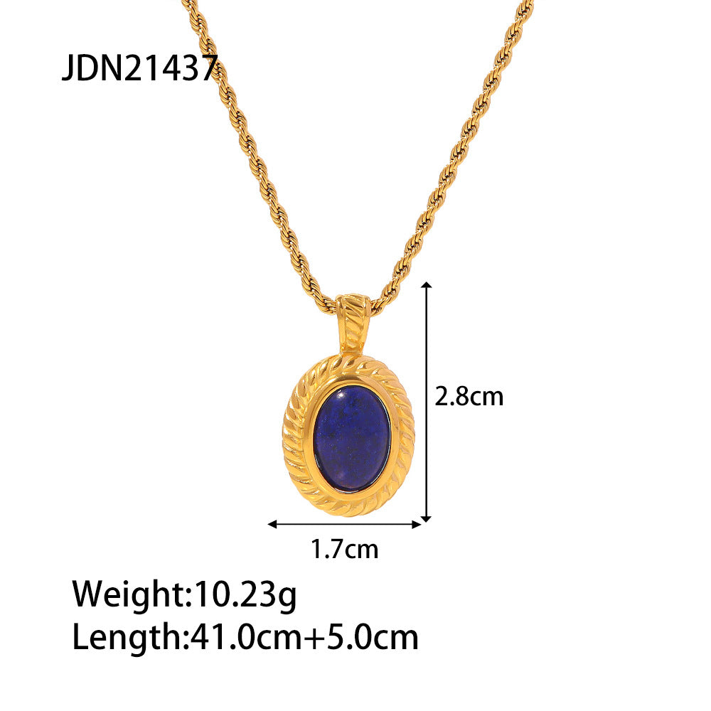 Vintage Palace-Style Titanium Steel Necklace with Geometric Pendant Featuring Lapis Lazuli Inlay and Plated Finish