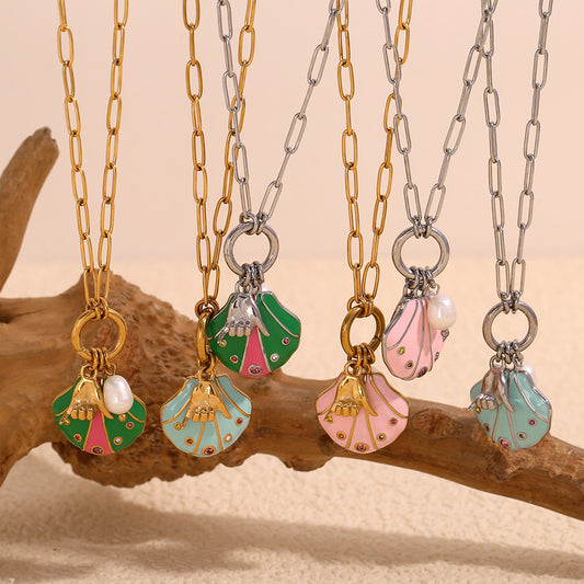 Fashion Minimalist Geometric Stainless Steel Pendant Necklace with 18K Gold Plating, Colorful Rhinestone Accents, Shell Motif, and Hand Gesture Design