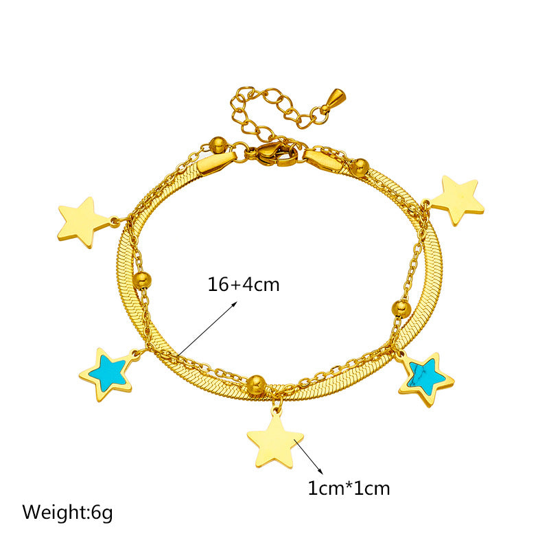 Minimalist Vintage-Inspired Double-Layer Bracelet with Stainless Steel Chain, Pearl Round Pendants, Star and Butterfly Charms