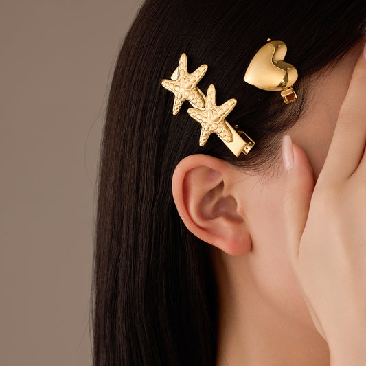 Fashionable Star and Heart Shaped 18K Gold Plated Stainless Steel Hair Clip for Women