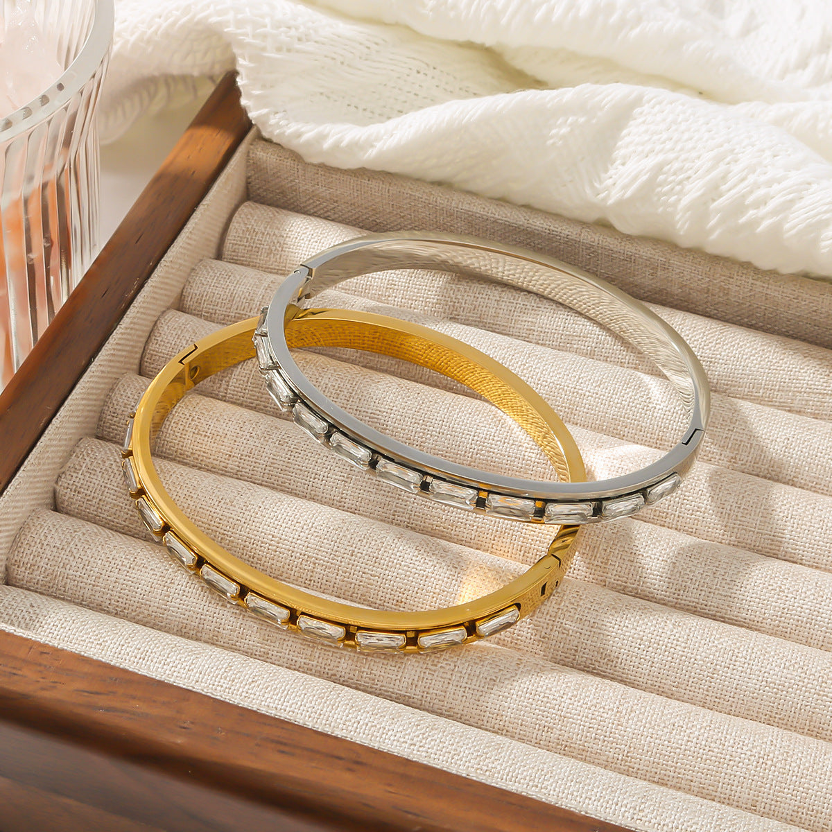 Ins Style Irregular Shape Stainless Steel 18K Gold Plated Diamond Accented Cuff Bracelet for Women