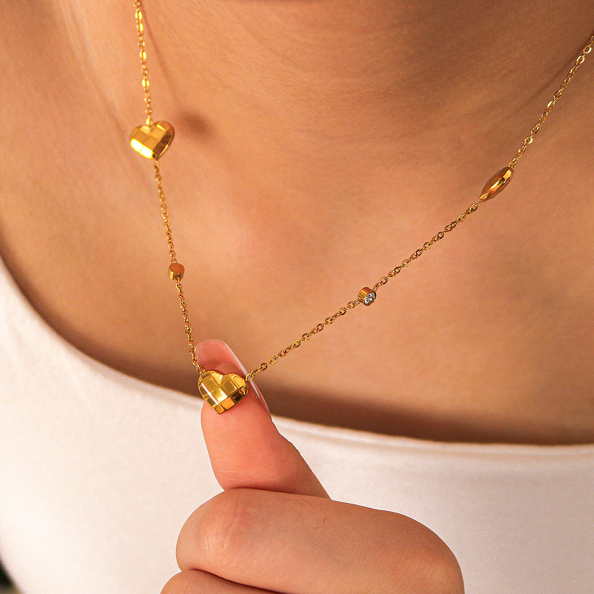 Geometric Heart Pendant Necklace for Women Stainless Steel with 18K Gold Plating and Zircon Inlay