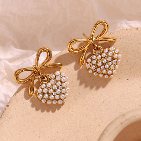 Vintage French-Style Bow-Shaped Stainless Steel Ear Studs with Pearl Accent for Women