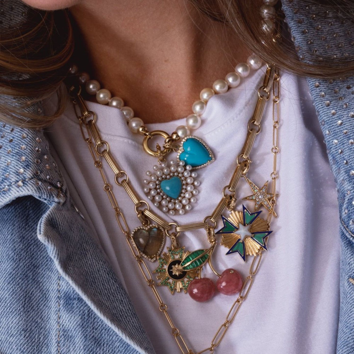 Vintage Geometric Brass Plated Gemstone Fruit Pendant Necklace