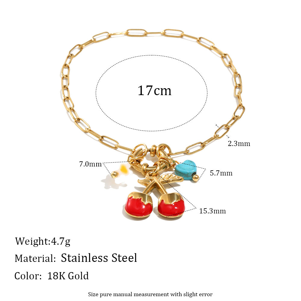 Geometric Turquoise Eye Coin Pendant Bracelet for Women in Stainless Steel with Enamel Finish and Spring Clasp