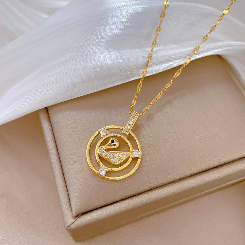 Minimalist Geometric Duck Pendant Necklace in Titanium Steel with Rhinestone Accents for Women and Men