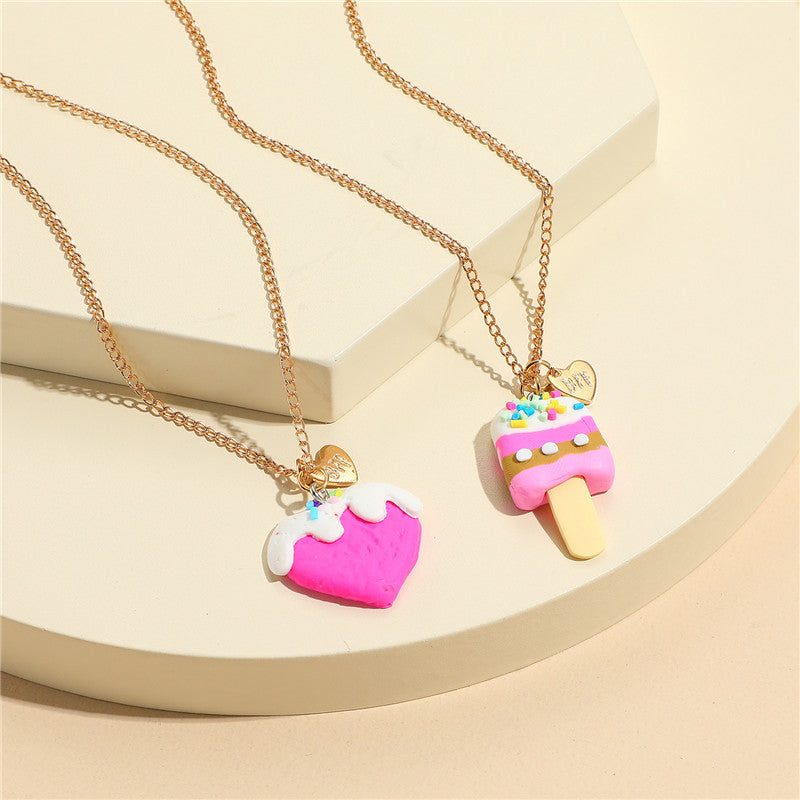 Collar con dije de arcilla polimérica con forma de corazón y helado estilo caricatura para niños con cadena tipo O-Chain