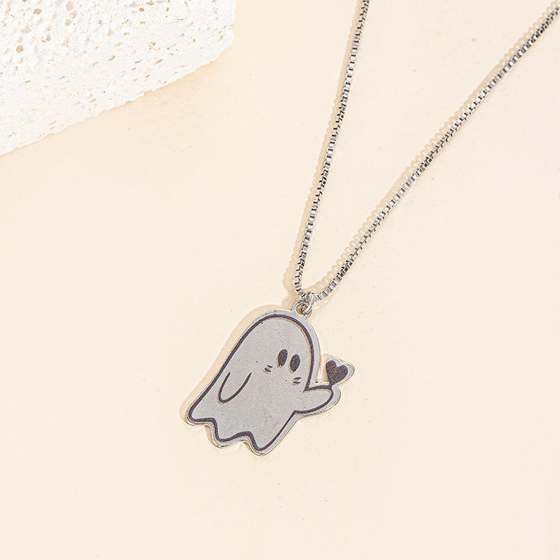 Collar colgante de fantasma de dibujos animados minimalista con diseño de corazón esmaltado para mujeres y hombres, cadena de aleación con acabado chapado