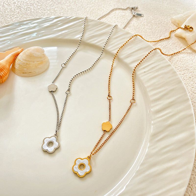 Minimalist Luxury Micro-inlay Shell Flower Asymmetric Titanium Steel Necklace