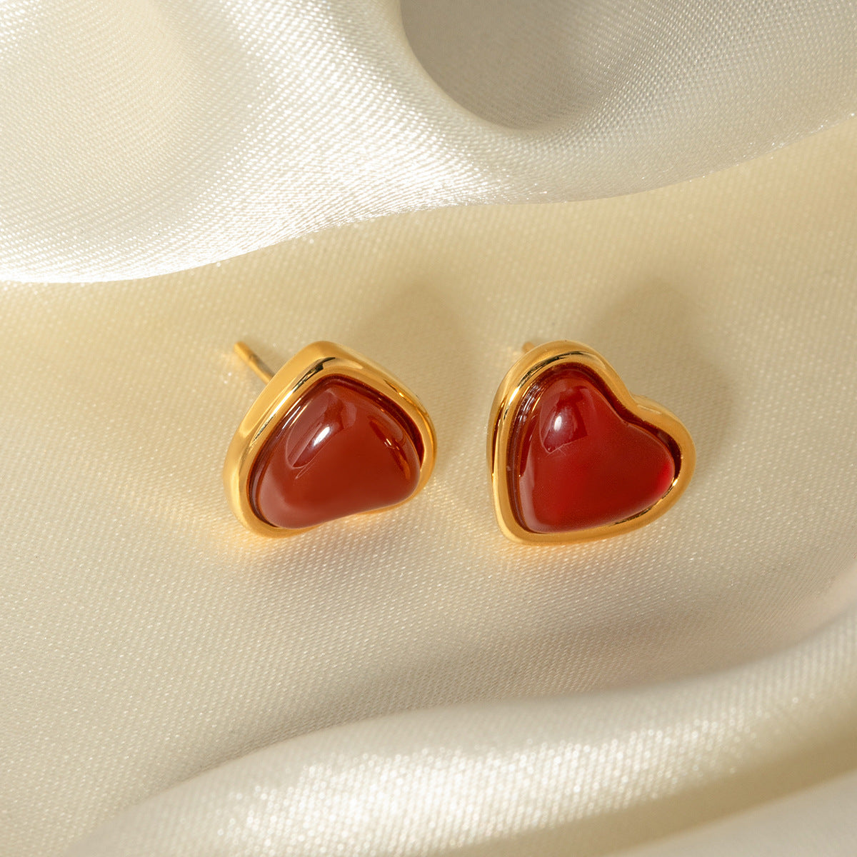 Minimalist Geometric Stainless Steel Earrings with 18K Gold Plating and Red Heart Inlay for Women