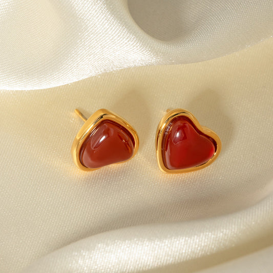 Minimalist Geometric Stainless Steel Earrings with 18K Gold Plating and Red Heart Inlay for Women