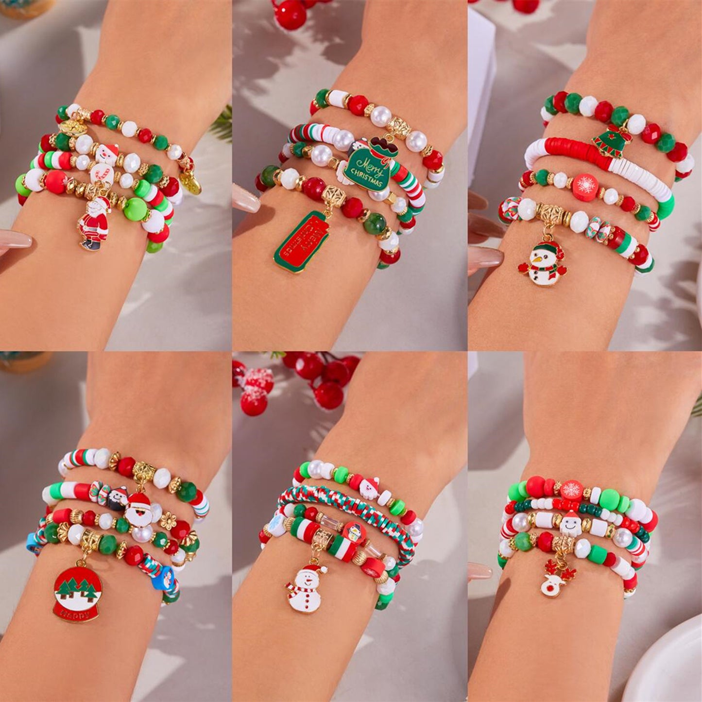 Colorful Acrylic Santa Claus and Reindeer Elastic Beaded Bracelet for Women Christmas Holiday Fashion Accessory