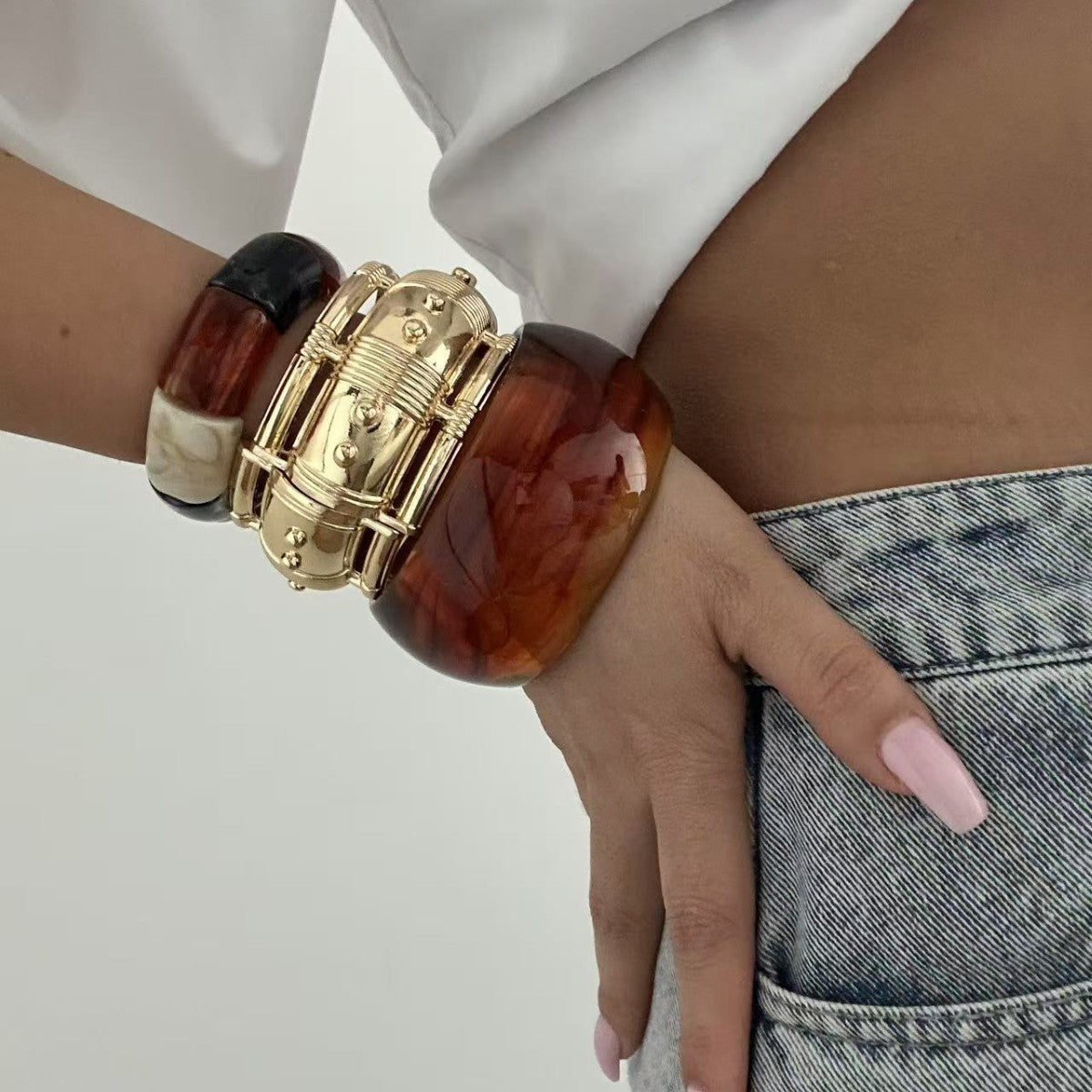 Irregular Geometric Resin Gold Plated Wide Cuff Bracelet
