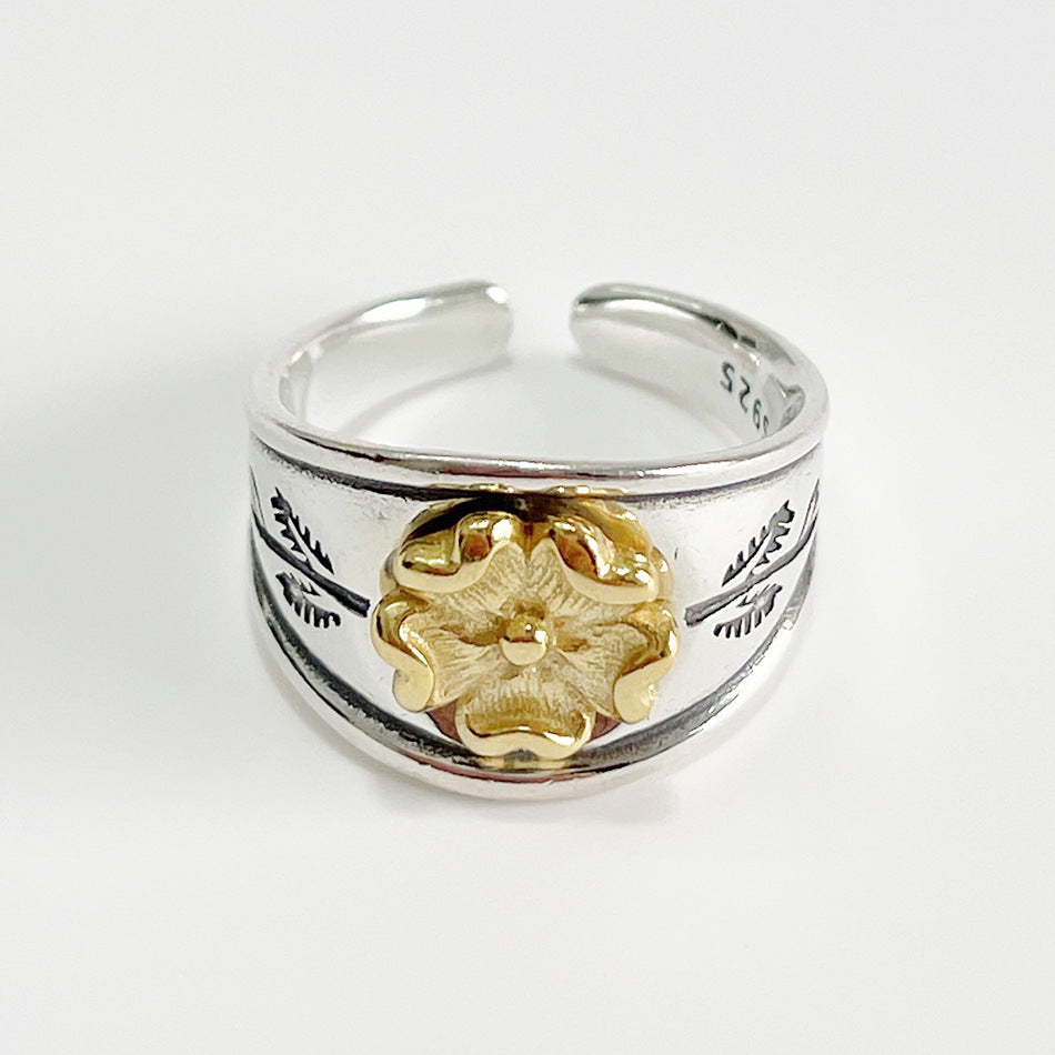 Vintage Minimalist 925 Sterling Silver Antique Finish Floral Ring for Women