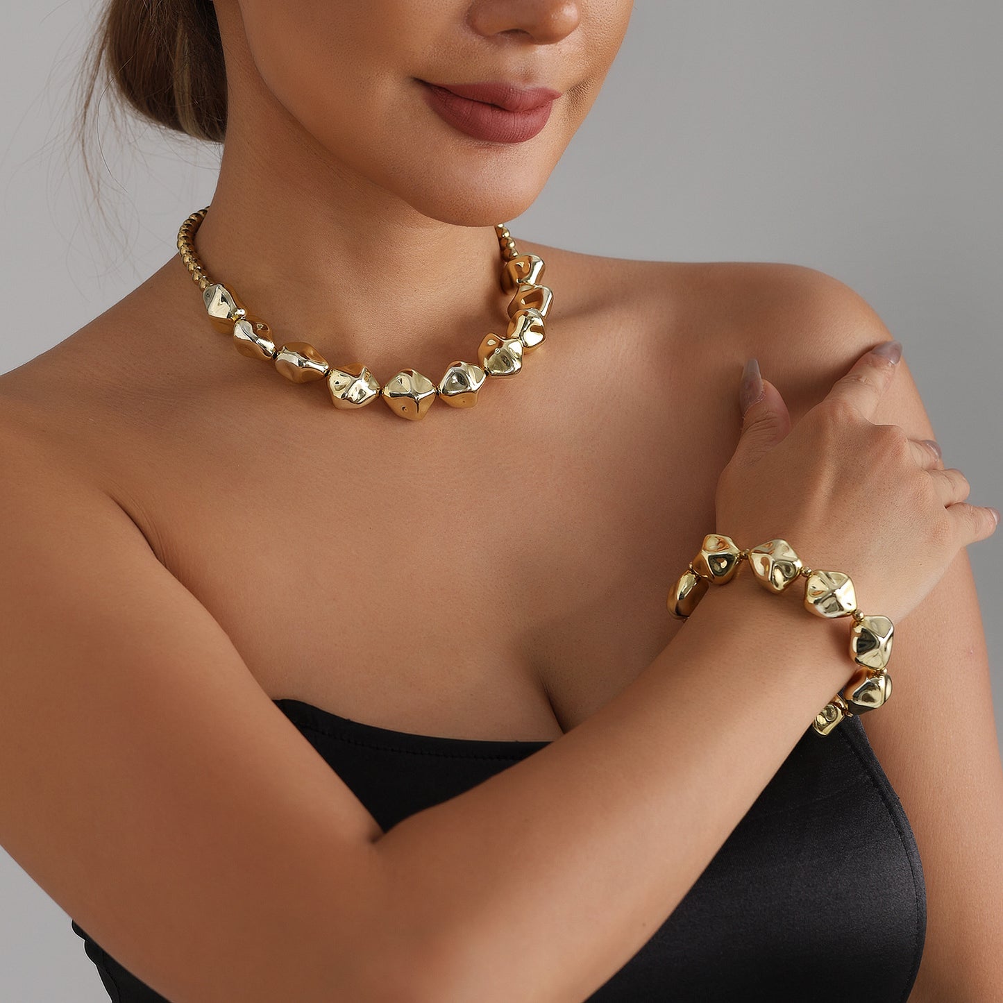 Casual Geometric Heart Shaped Alloy Plated Beaded Necklace Set for Women