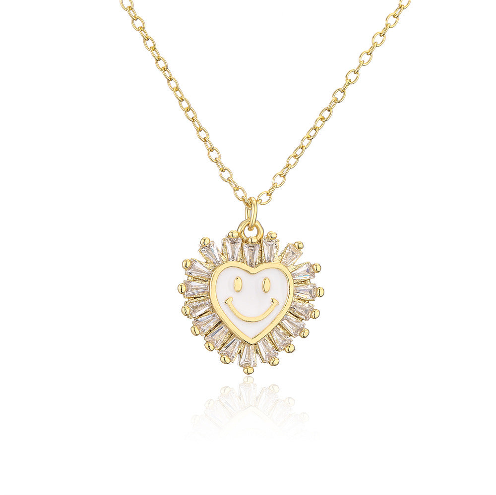 Cute Heart-Shaped Copper Pendant Necklace with Micro-Paved Zirconia and Enamel Smile Design