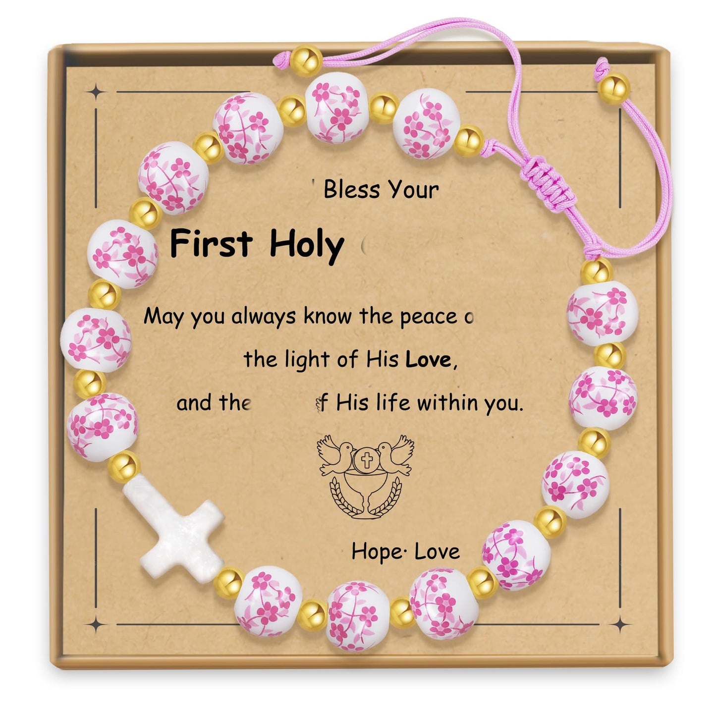 Vintage Elegant Ceramic Cross Charm Bar Bracelet with Floral Pattern and Gold Spacer Beads for Women