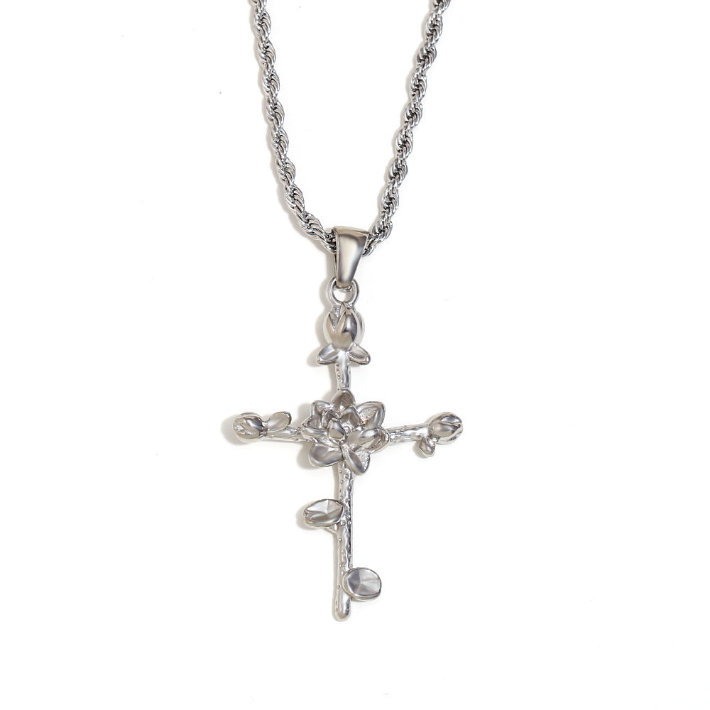 Vintage French-Style Floral Pendant Necklace in Stainless Steel with 18K Gold Plating for Women
