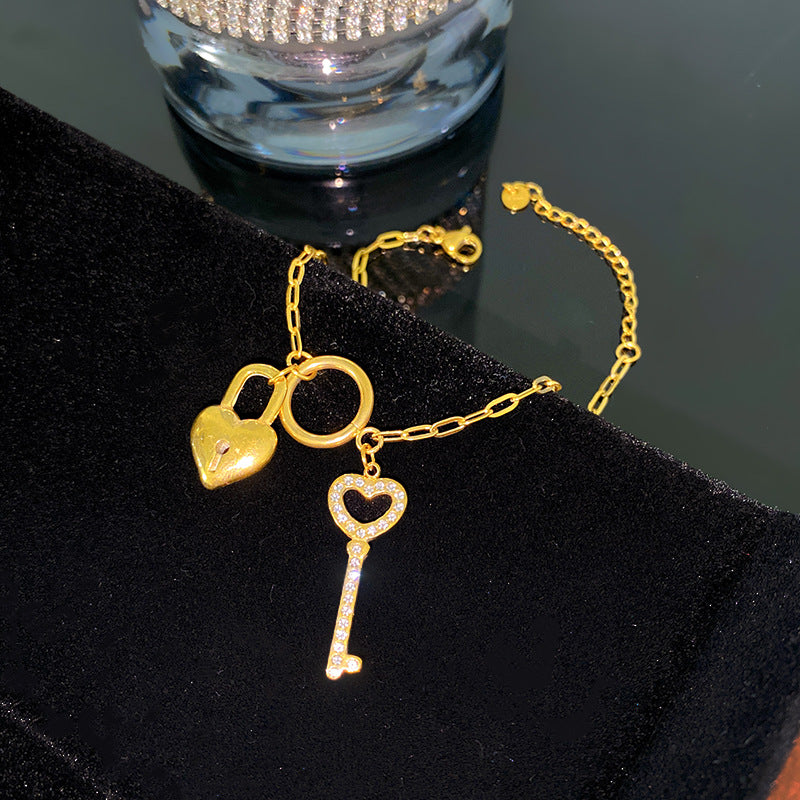 Sweet Minimalist Heart Key Lock Pendant with Cubic Zirconia and Star Elements Titanium Steel Bracelet for Unisex