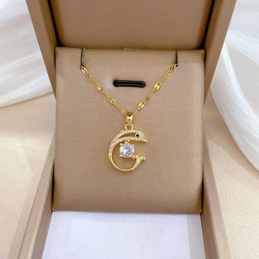Elegant Dolphin Pendant Necklace for Women Stainless Steel Chain with Rhinestone Inlay Geometric Design Minimalist Style
