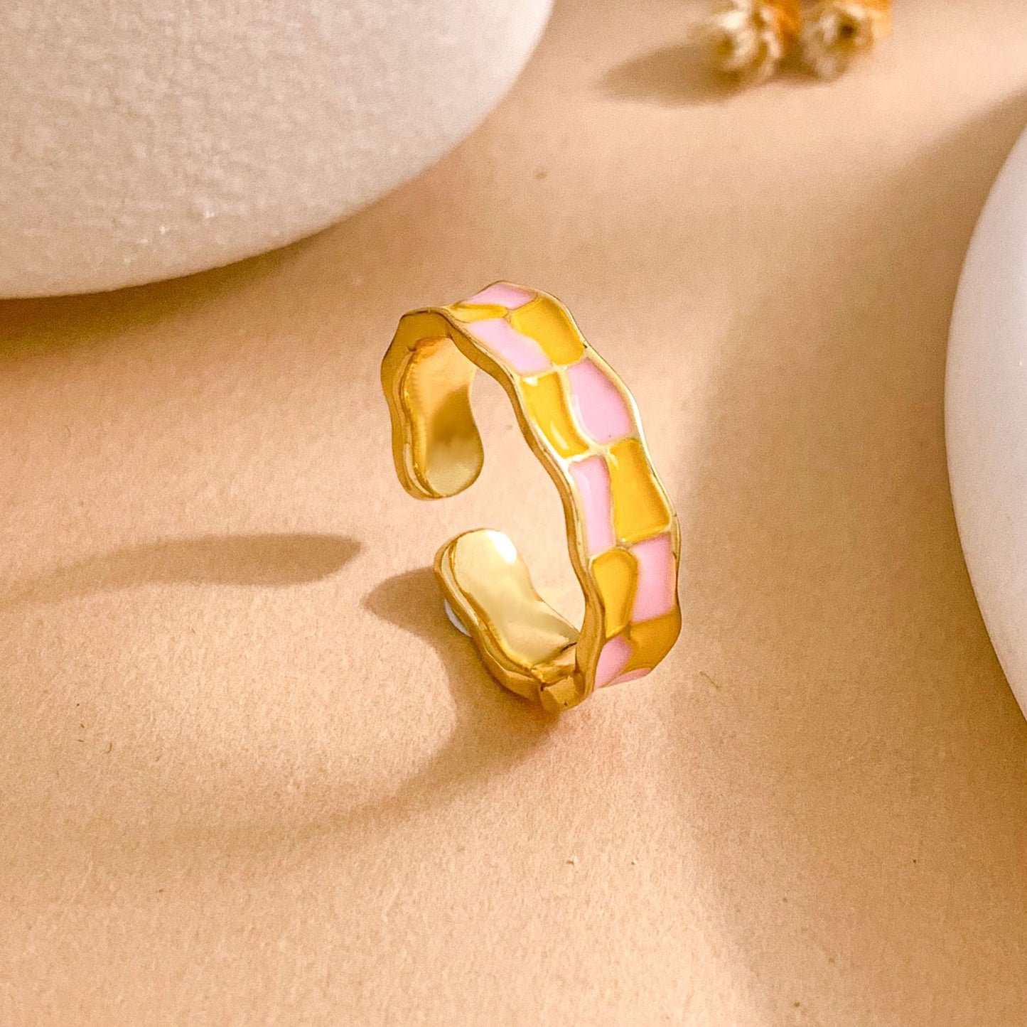 Sweet Checkered Enamel Gold Plated Brass Geometric Open Ring for Women