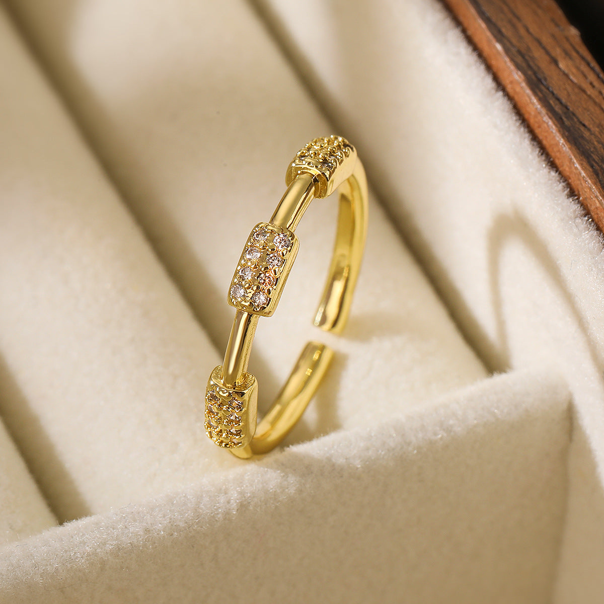 Minimalist Irregular Geometric Open Ring for Women in Copper with Gold Plating and Zircon Inlay