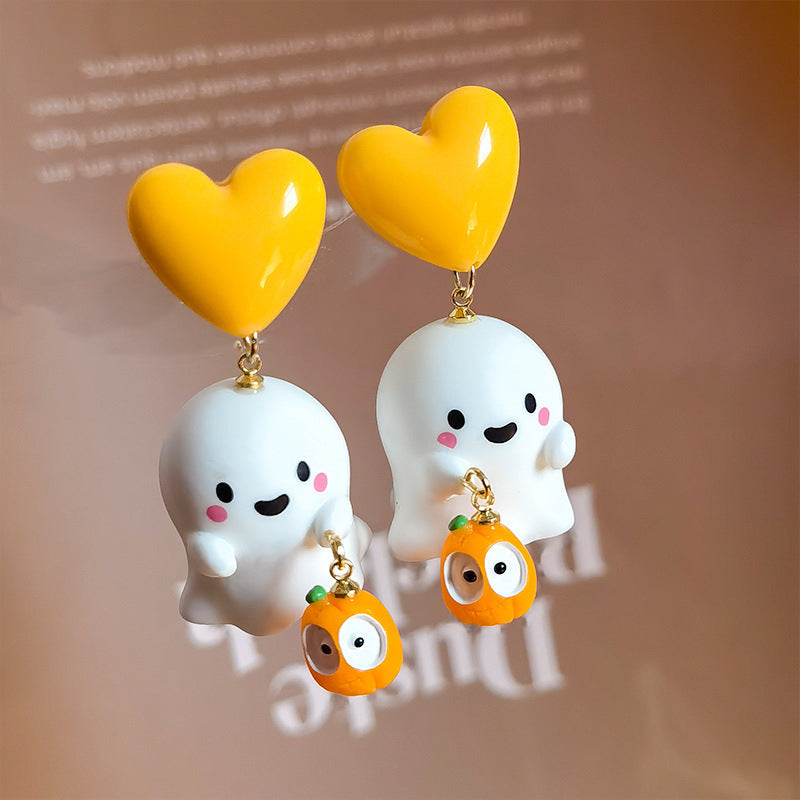 Lindos pendientes de resina con forma de fantasma para mujer con diseño de personaje de dibujos animados en estilo estético dulce