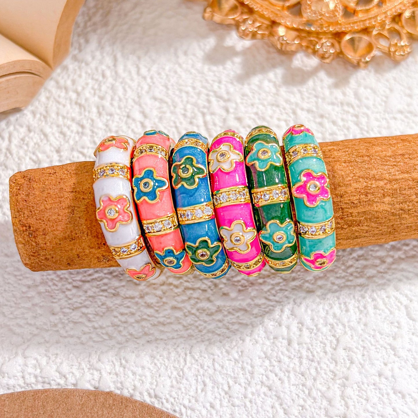 Sweet Floral Enamel Drip Oil Brass Ring with Cubic Zirconia Inlay 18K Gold Plated Adjustable for Women