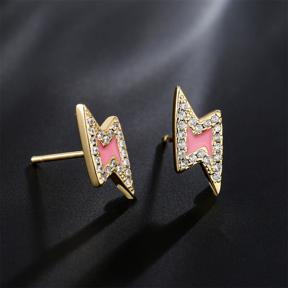 Orecchini da Donna Minimalisti a Forma di Fulmine in Rame, Placcati Oro 18K con Zirconi Micro-Pave