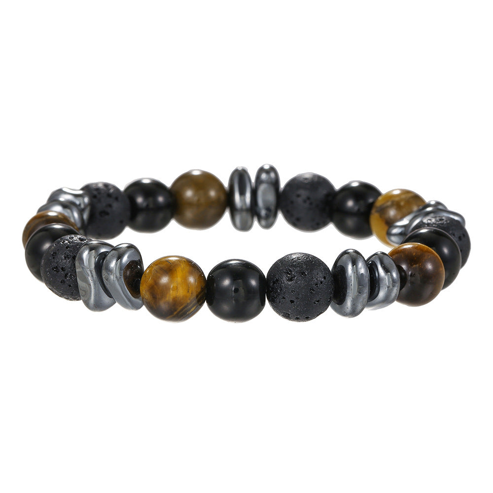 Cool Geometric Handmade Hematite Volcanic Stone Tiger Eye Bracelet 10mm Round Beads Unisex Jewelry