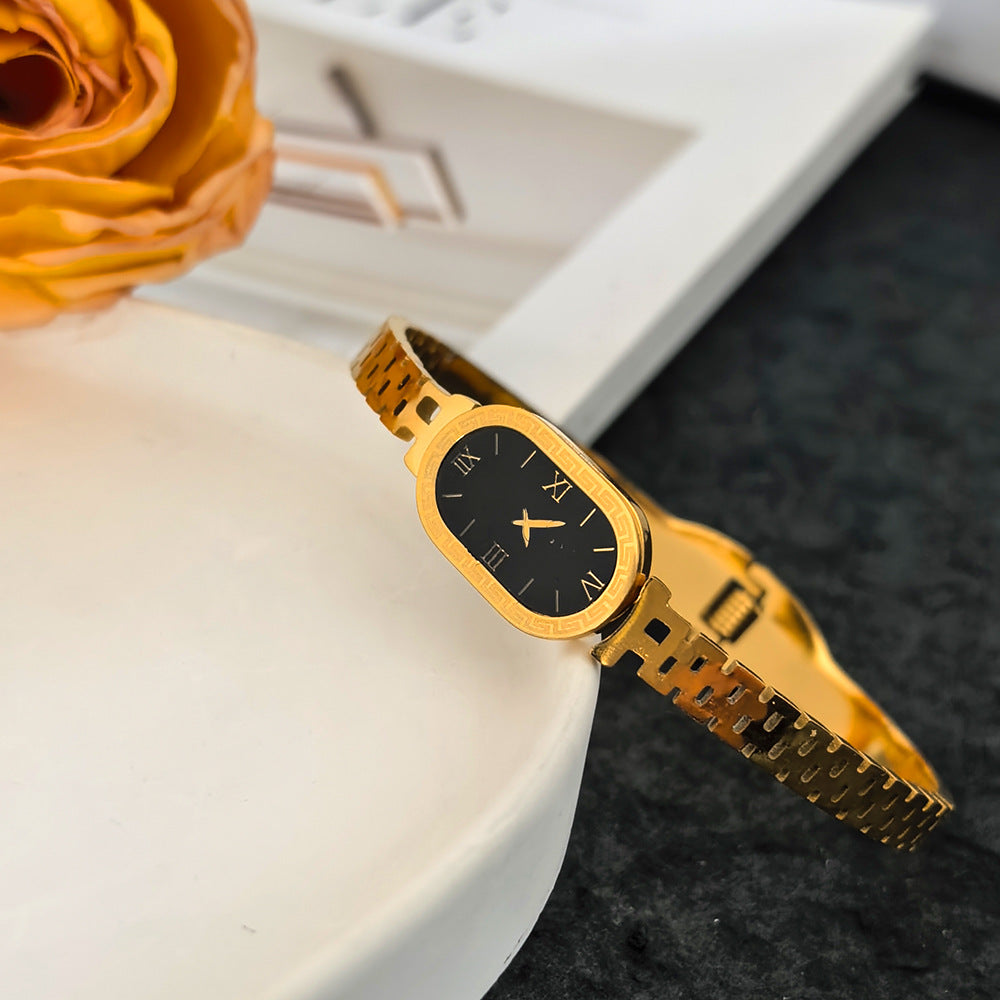 Vintage Stainless Steel Watch Bracelet with Gold Plating for Women Oval Shape Timepiece Jewelry