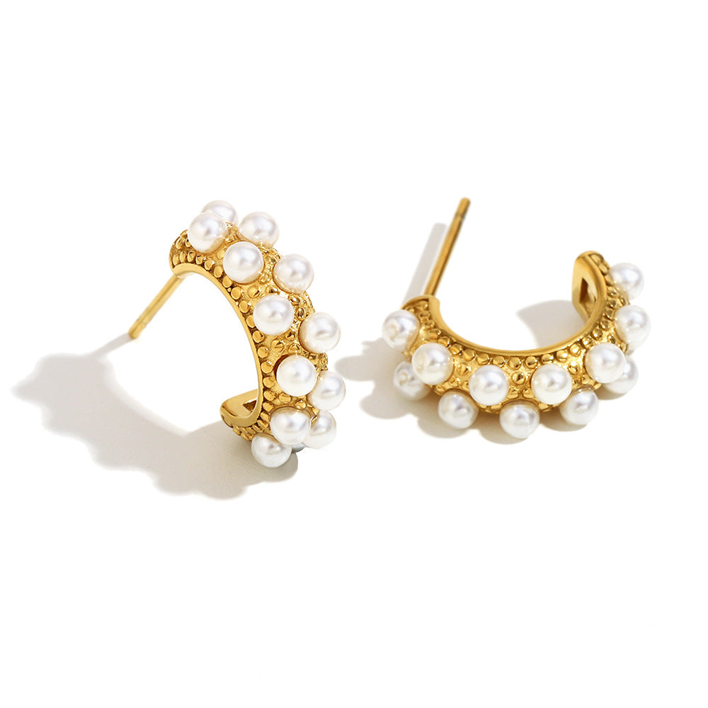 Minimalist Geometric C-Shaped Stainless Steel Earrings with 18K Gold Plating and Simulated Pearl Accents