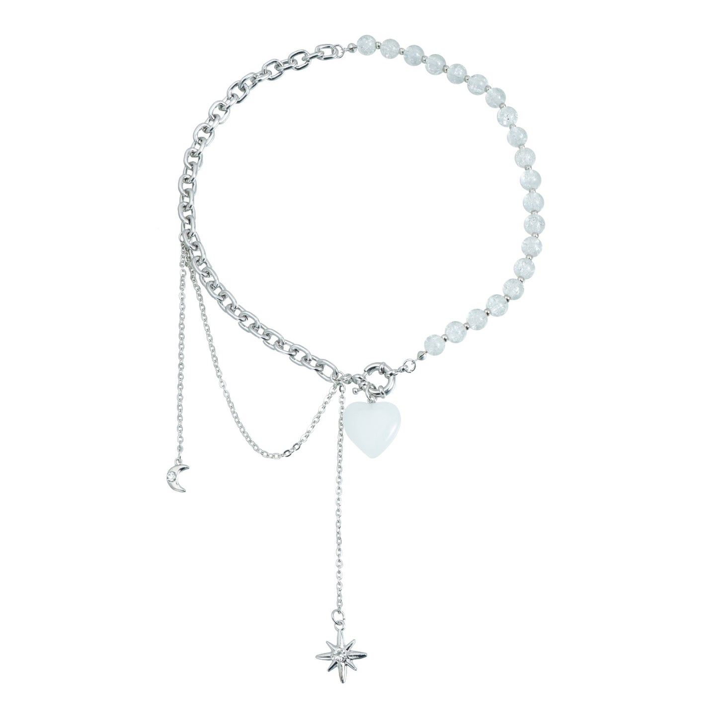 Sweet Streetwear Crackle Crystal Heart Geometric Star Glass Pendant Aluminum Alloy Plated Necklace Bracelet Set for Women and Men