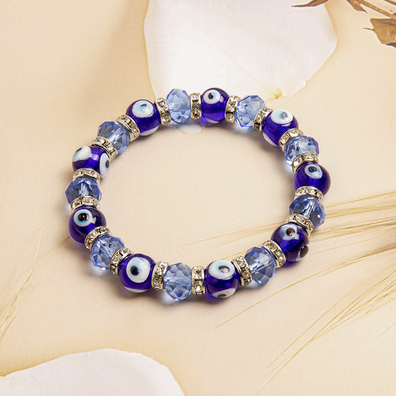 Fashion Round Evil Eye Crystal Glass Stretch Bracelet Unisex Geometric Charm