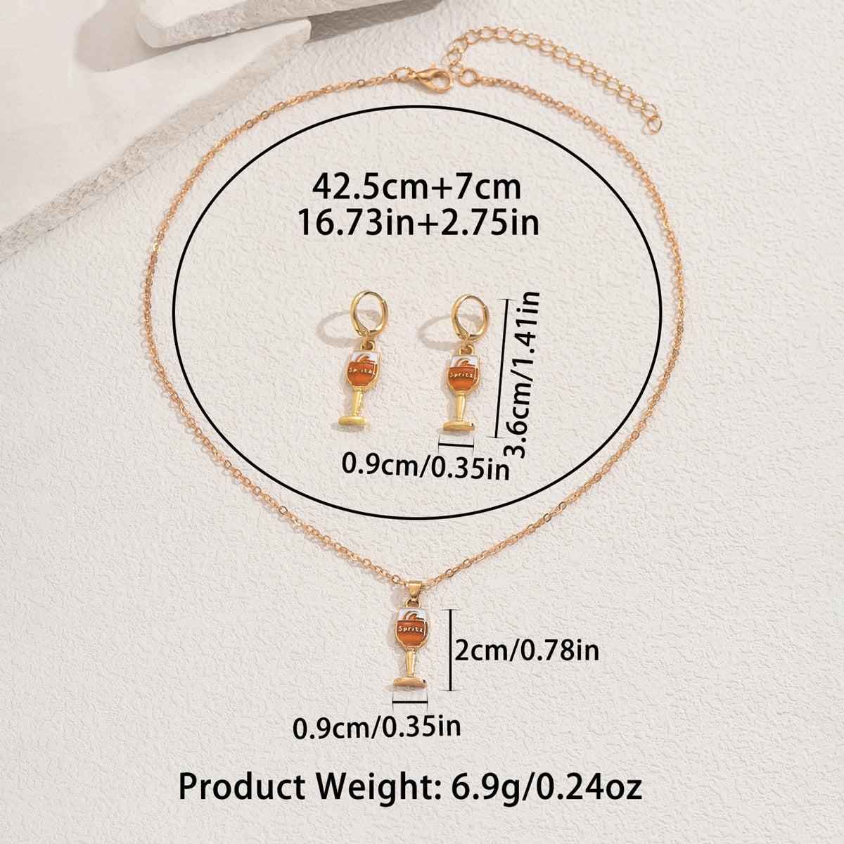 Minimalist Wine Glass Pendant Necklace and Earrings Set in Alloy with Enamel Finish for Women