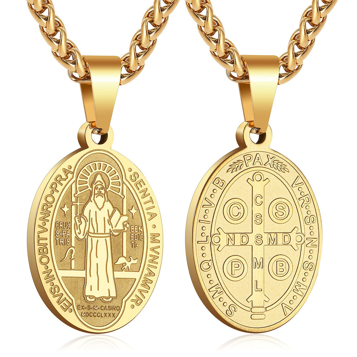 Minimalist Geometric Double-Sided Portrait Medal Pendant Necklace in Stainless Steel with Plated Finish on Snake Chain