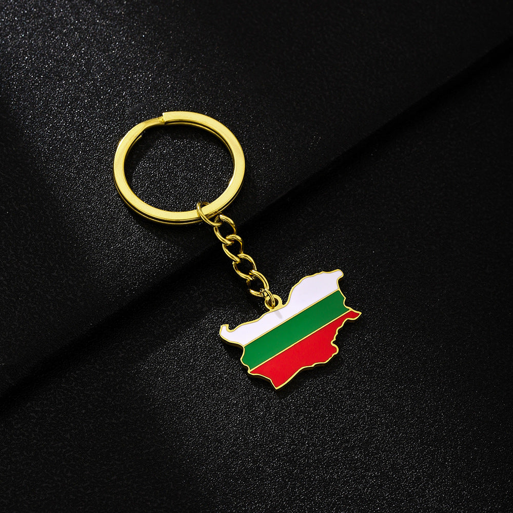 Llavero Vintage de Acero Inoxidable Esmaltado Estilo Étnico con Mapa de Bulgaria y Bandera