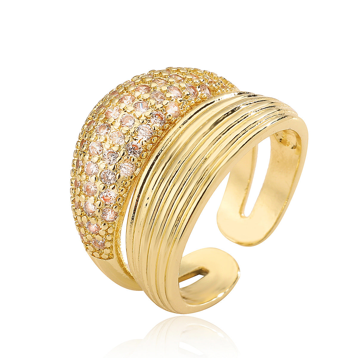 Anello a Fascia Larga Geometrico Minimalista da Donna in Ottone con Placcatura in Oro 18K e Intarsio di Zirconi