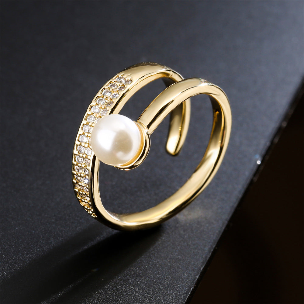Anillo abierto geométrico para mujer de cobre con micro-pavé de circonita y chapado en oro de 18K