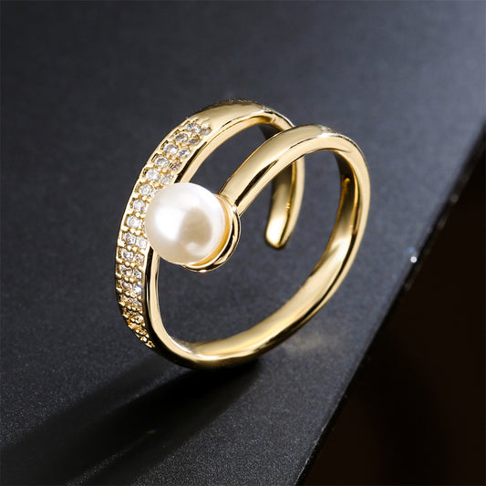 Geometric Open Ring for Women Made of Copper with Micro-Pave Zirconia and 18K Gold Plating