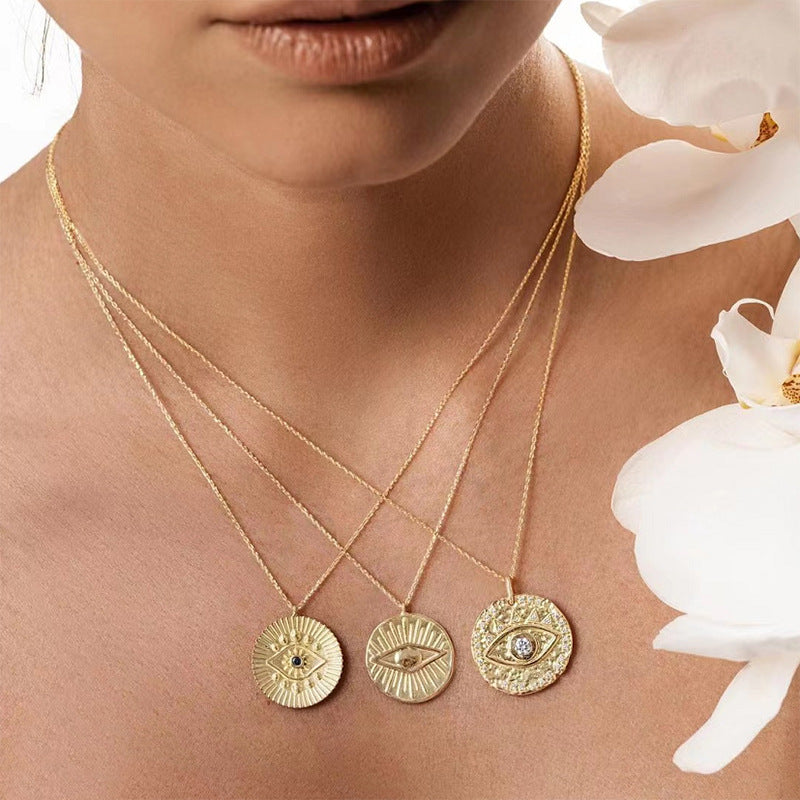 Fashion Evil Eye Pendant Necklace for Women with Gold Plating and Rhinestone Inlay on O-Chain in Geometric Shape