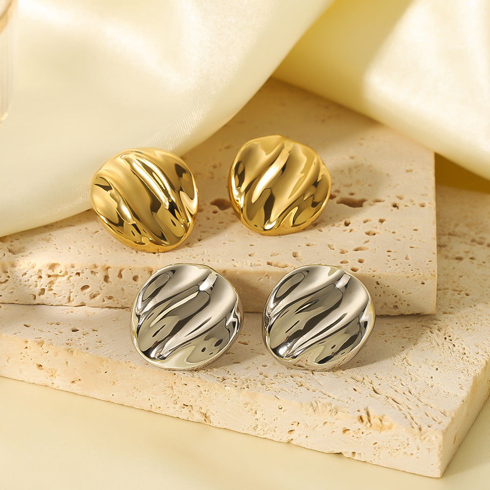 Ins Style Wavy Textured Round Titanium Steel Earrings with Gold Plating for Women