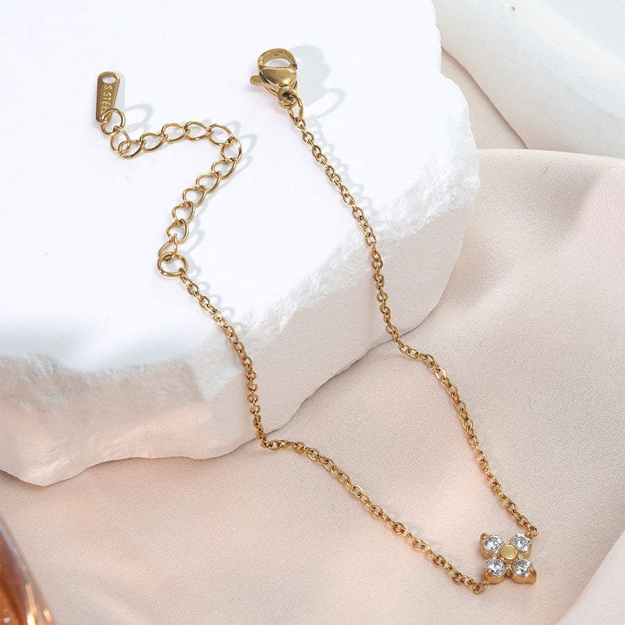 Elegant Geometric Floral Stainless Steel Plated Bracelet with Cubic Zirconia for Women