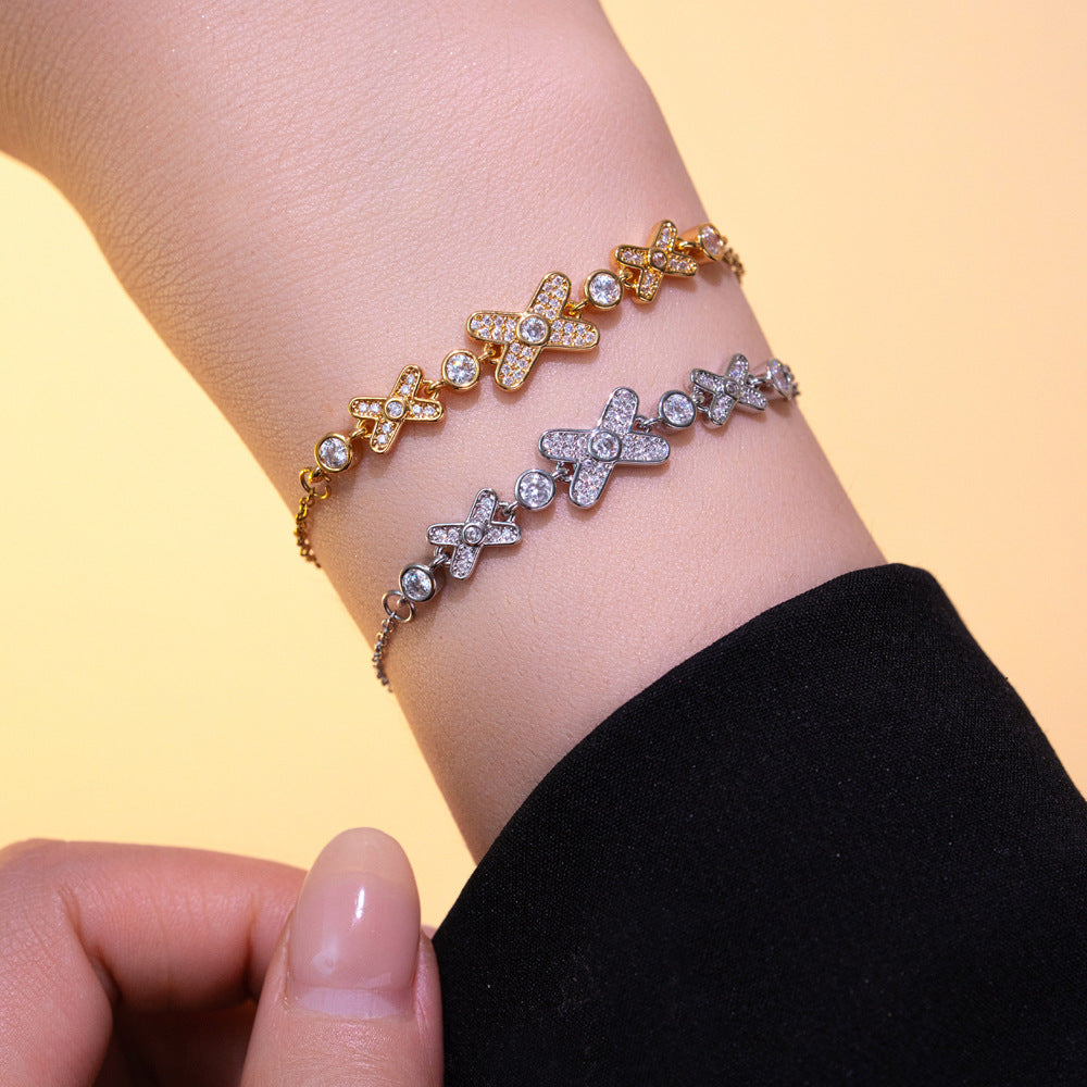Minimalist Luxury Titanium Steel Bracelet with Rhinestone Inlay and Letter Design for Women